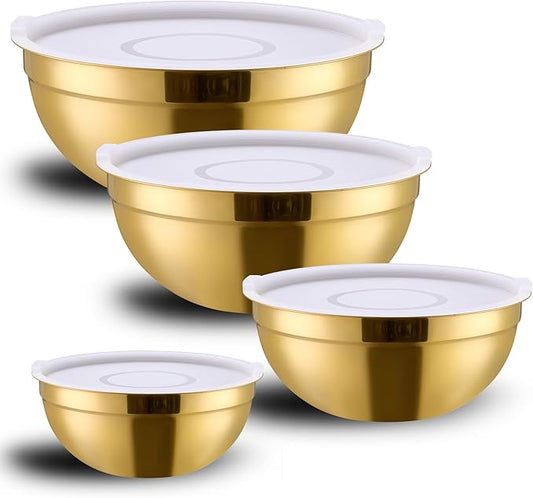 4-Piece Gold Stainless Steel Mixing, Cereal, Dessert, Rice, Fruit, Dipping Bowl Set With Airtight Lid, Unbreakable Deep Soup Bowl