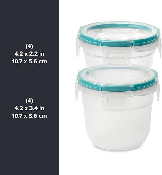 Snapware Total Solution 16-Pc Plastic Food Storage Containers Set ,(4) 2-Cup & (4) 1.2-Cup Round Meal Prep Container, BPA-Free Lids with 4 Locking Tabs, Microwave, Dishwasher, and Freezer Safe