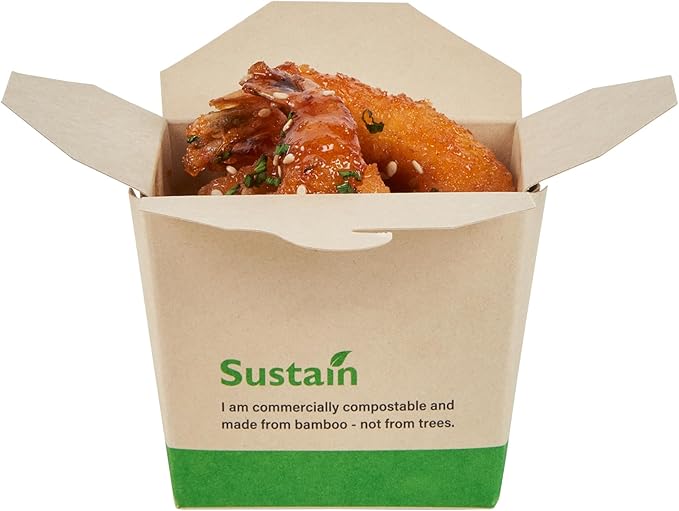Restaurantware Sustain 8 Ounce Sturdy Paper Take Out Boxes, 200 Disposable Take Out Food Containers - With PLA lining, Compostable, Bamboo Paper Containers, Built-In Tab-Lock Cover, Greaseproof