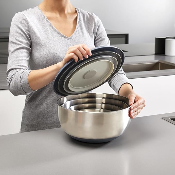 Joseph Joseph Prep&Store- Stainless Steel Mixing Nest Bowls with Lids, 8 piece Metal Bowl food Storage Set, Stainless Steel