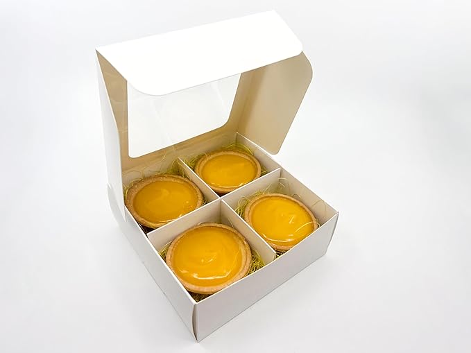 Treat boxes with window and dividers | 4 MEDIUM compartments | 6 x 6 x 2.4 in | Valentine treat boxes, baked goods packaging, box for cookies, pastry packaging | 24-pack (White)