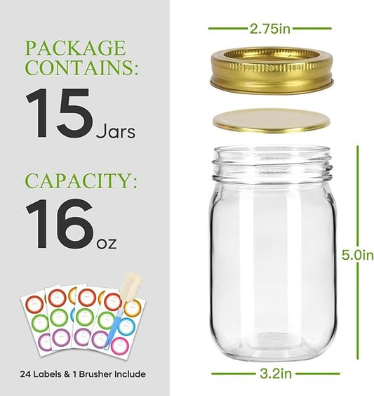 Mason Jars 16 oz with Gold Lids and Bands, 15 Pack Canning Jars, Clear Regular Mouth Glass Jars for Canning and Fermenting, Labels & Brusher Included - Microwave & Dishwasher Safe