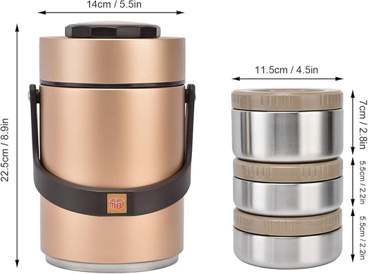Yosoo Thermos for Hot food Wide Mouth Lunch Box, 2000ml 3-Layer Stackable Insulated Food Container Reusable Leak Proof Soup Food Jar for Warm/Cool Food Daily Office Travel Picnic Outdoor Meals(Gold)