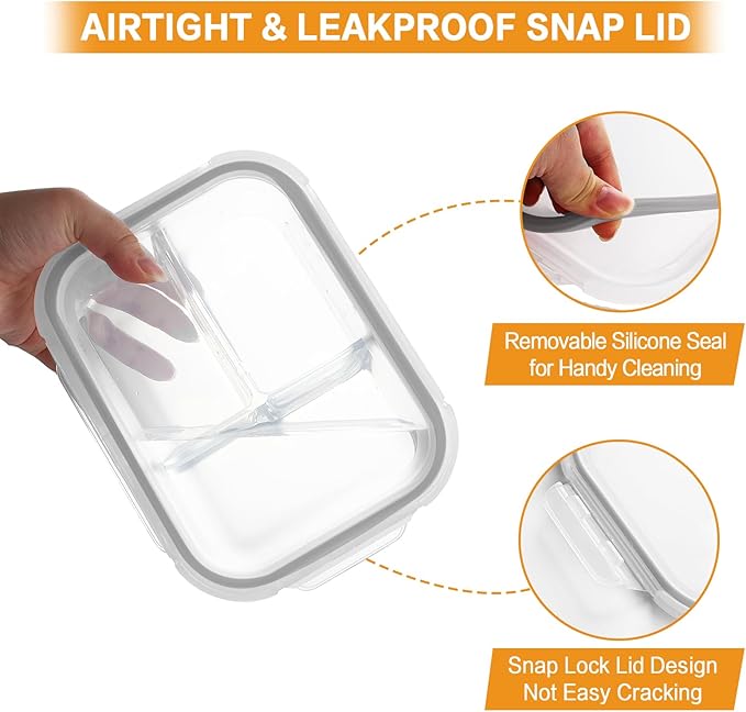 Bayco 9 Pack Glass Meal Prep Containers 3 & 2 & 1 Compartment, Glass Food Storage Containers with Lids, Airtight Glass Lunch Bento Boxes, Leak Proof (9 lids & 9 Containers) - Grey