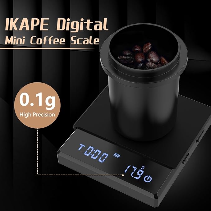 IKAPE Digital Mini Coffee Scale with Timer, 2kg/0.1g High Precision Rechargeable Drip Espresso Scale with Tare Function, LED Display(Black)
