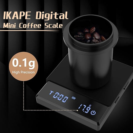 IKAPE Digital Mini Coffee Scale with Timer, 2kg/0.1g High Precision Rechargeable Drip Espresso Scale with Tare Function, LED Display(Black)