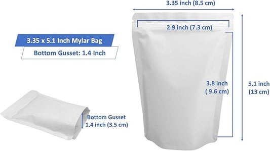 100 Pack Matte White Mylar Stand Up Bags - 3.35x5.1 Inches Smell Proof Resealable Zipper Pouch Bag, Sealable Foil Packaging Sample Pouches for Food Storage