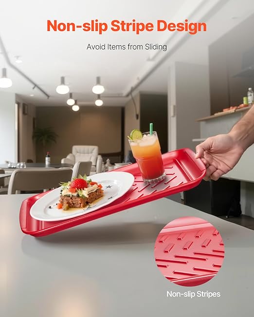 VEVOR Plastic Serving Trays, 2-Pack Grilling Prep and Serve Trays with Handles, 17x10.35 Inch Anti-Slip Melamine Food Tray, Ideal for BBQ, Kitchen, Cafeteria, Ottoman, Coffee Table, Black and Red
