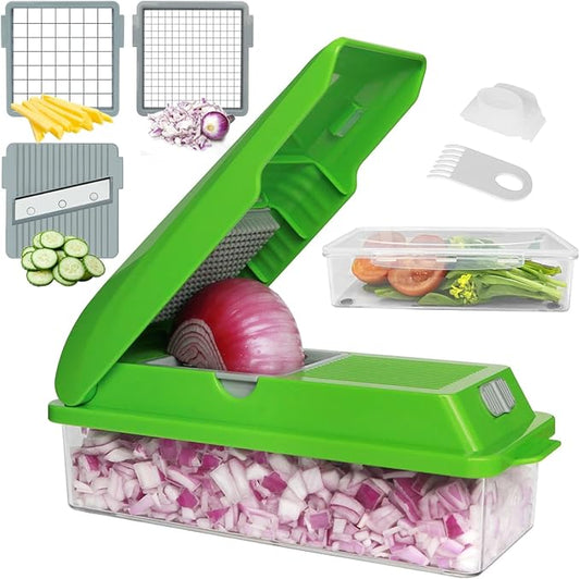 LHS Vegetable Chopper, Multifunctional Food Chopper, Pro Onion Chopper, Vegetable Slicer Dicer Cutter with 3 Blades, Veggie Chopper with Container(6-in-1,Green)