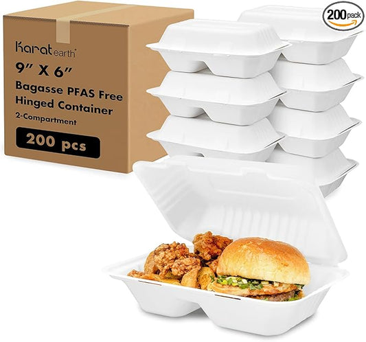 KARAT EARTH Clamshell Take Out Food Containers [9"x6", 200 ct ] 2 Compartments | Compostable To Go Containers, Natural Biodegradable Bagasse | White