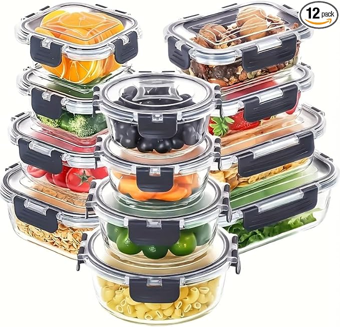 12pcs Glass Food Storage Containers with Lids, Meal Prep, Pantry Kitchen Storage Containers for Lunch, Leak Proof, Airtight Glass Lunch Bento Boxes for Microwave, Oven, Freezer And Dishwasher