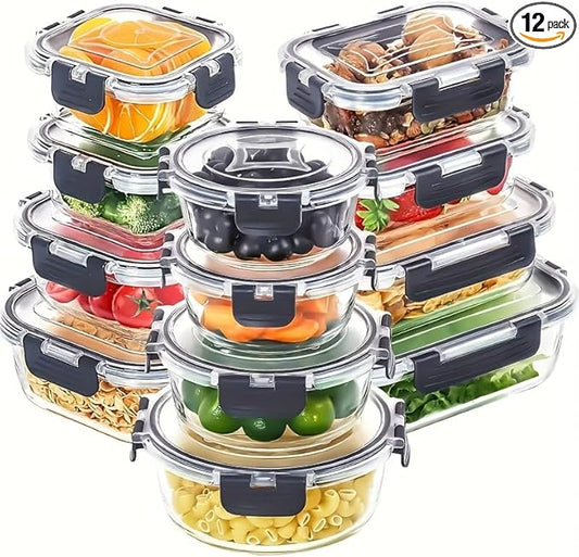 12pcs Glass Food Storage Containers with Lids, Meal Prep, Pantry Kitchen Storage Containers for Lunch, Leak Proof, Airtight Glass Lunch Bento Boxes for Microwave, Oven, Freezer And Dishwasher