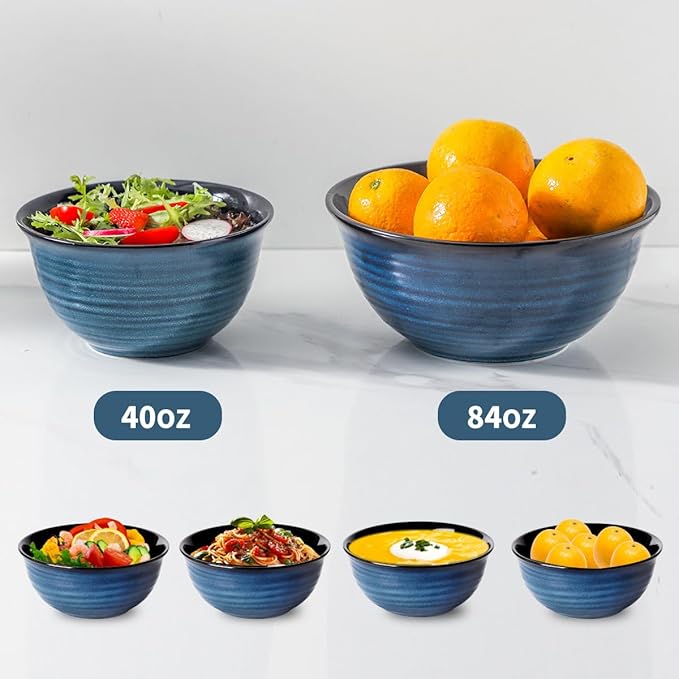 Large Serving Bowls, 84 Ounce Ceramic Salad Bowls Set of 2 for Kitchen Space Saving Storage, Porcelain Nesting Bowls for Cooking,Popcorn,Soup,Pasta,Fruit, Microwave & Dishwasher Safe, Blue
