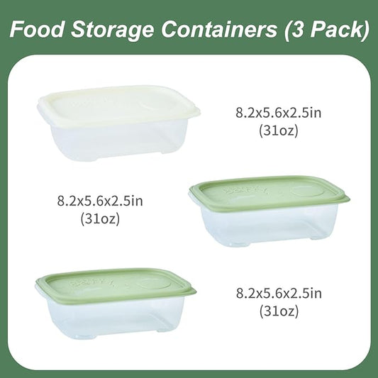 3 Pack Meal Prep Containers Reusable Freezer Food Storage Containers Plastic Containers with Lids Deli Container Reusable Sets Bento Box NOT LEAKPROOF Green Lid
