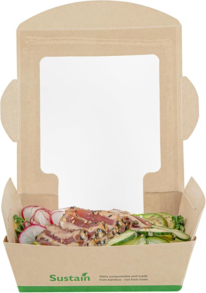 Restaurantware-Sustain 26 Ounce Sturdy Paper Take Out Boxes, 50 Disposable Take Out Food Containers - With PLA lining, Clear PLA Window, Bamboo Paper Containers, Compostable, Tab-Lock Design