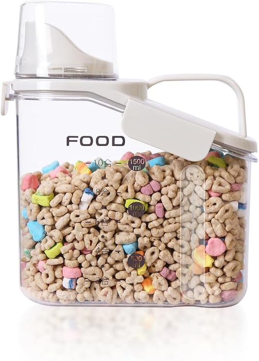 1 Piece Cereal Storage Container, 51oz/1.5L Compact Dry Food Storage Containers with Pouring Spout Measuring Cup for for Rice Nuts Beans Pet Food Snacks Candies, BPA Free, 1 PC