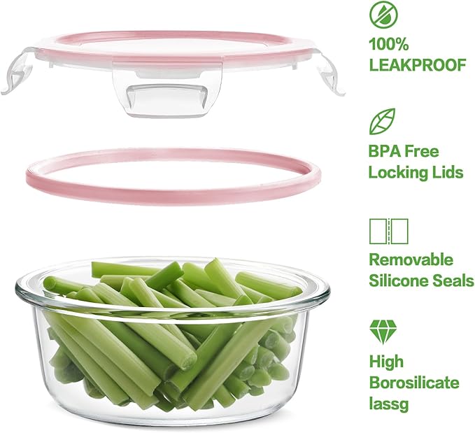HOMBERKING 24pc Glass Food Storage Containers with Lids, Glass Meal Prep Containers, Airtight Glass Bento Boxes, BPA Free & Leak Proof, Pantry Kitchen Storage(12 lids & 12 Containers) - Pink