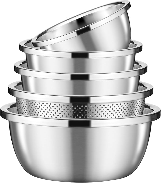 salad-bowls,5PCS Meal Prep Stainless Steel Mixing Bowls Set, and Kitchen Food Storage Organizers | Ecofriendly, Cooking and Storage Nesting Dough, Kitchen Stainless Steel Microporous Colander
