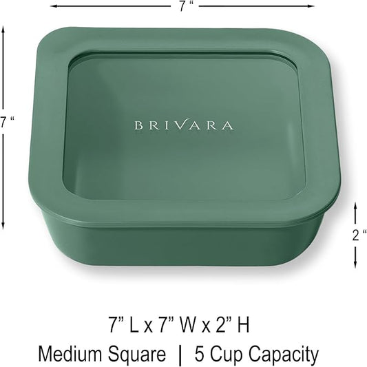 Ceramic Coated Glass Food Storage Container | No PTFE, PFOA, PFAS, and BPA | Reusable Non Toxic Meal Prep Container with Glass Lid | Easy To Store | 5 Cup Square [Pine]