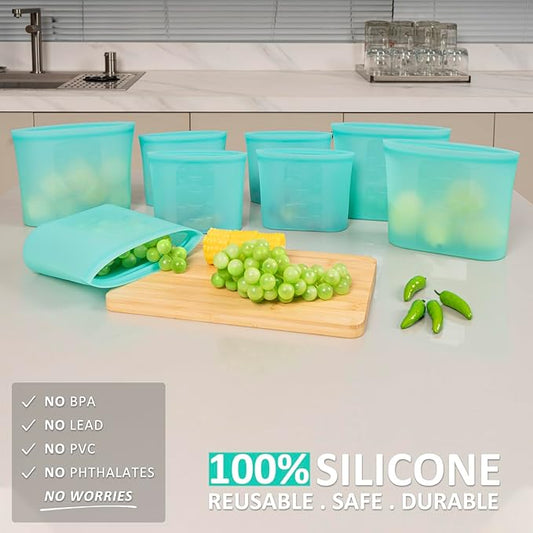 Reusable Sandwich & Snack Bags, 8 Pack 100% Silicone Food Storage Bags Stand Up Zip Lock for Food Container, Freezer Microwave Oven Dishwasher Safe, 4 Medium 4 Small, Aqua