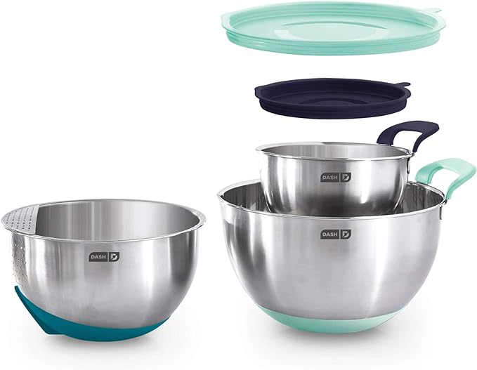 DASH Stainless Steel Mixing Bowls with Lids, Silicone Non-Slip Base with Measuring Lines and Strainer, 3 Bowl Set - 1.5 Quart, 3 Quart, & 5 Quart - Assorted Blue