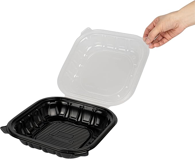 Restaurantware Thermo Tek 40 Ounce Clamshell Containers, 50 Disposable Take Out Boxes - Ventilated Lids, Microwavable, Black Plastic Meal Prep Containers, For Pastas, Salads, Or Sandwiches