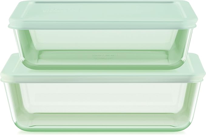 Pyrex Colors (2-Pack) Tinted Glass Large Rectangular Food Storage Container Set, Snug Fit Non-Toxic Plastic BPA-Free Lids, Freezer Dishwasher Microwave Safe, 6 Cup & 11 Cup, Green