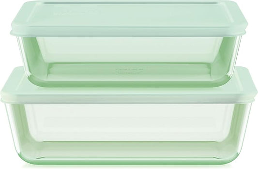 Pyrex Colors (2-Pack) Tinted Glass Large Rectangular Food Storage Container Set, Snug Fit Non-Toxic Plastic BPA-Free Lids, Freezer Dishwasher Microwave Safe, 6 Cup & 11 Cup, Green