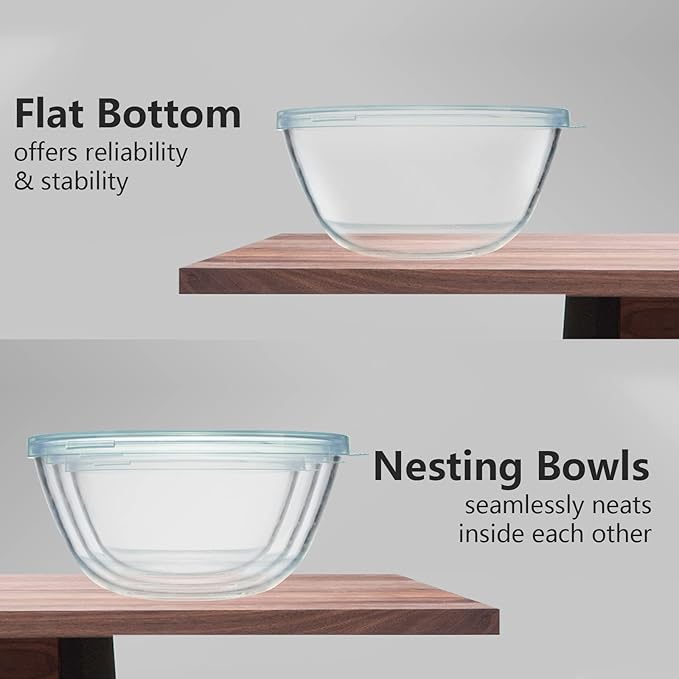Glass Mixing Bowls with Lids Set of 3（4.5QT,2.7QT, 1.1QT, Large Kitchen Salad Bowls, Space-Saving Nesting Bowls, Round Glass Serving Bowls for Cooking,Baking,Prepping,Dishwasher Safe