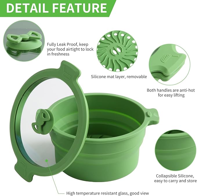 Collapsible Silicone Microwave Cookware Cooker Steamer for Cooking with Lids, 0.8L Glass Food Storage Container Sealed Bowl Mixing Bowls 2pc Set BPA Free