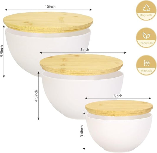 ShineMe Salad Bowl Set with Lid, Large & Deep Serving Bowl Set of 3, Bamboo Fiber Mixing Bowls with Lids for Preparing, Storing and Serving Salad, Ramen, Pasta, Fruit, Snacks (10",8",6")