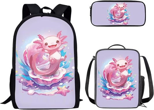Dolyues Cute Axolotl Cute Girls' Backpack Set with Lunch Box and Pencil Case - Ideal for Teens, Kids, and College Students - Perfect for Elementary, Middle, and High School