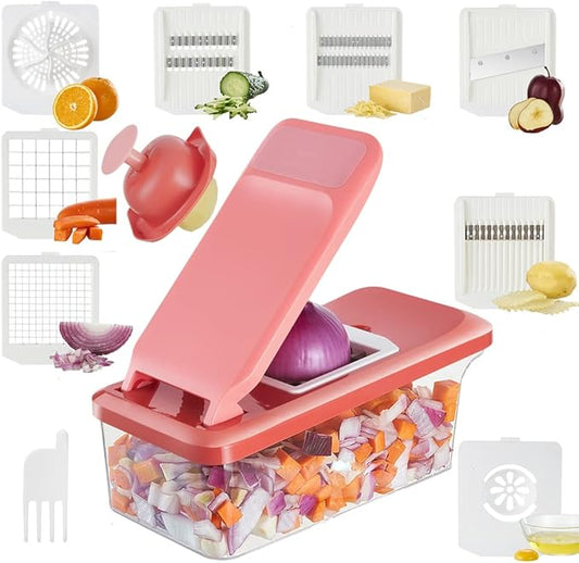 VEKAYA Vegetable Chopper, Professional Food Chopper with Container, Multifunctional Veggie Slicer, Vegetable Cutter with Detachable Blades, Onion Dicer Cutter for Kitchen (Red)