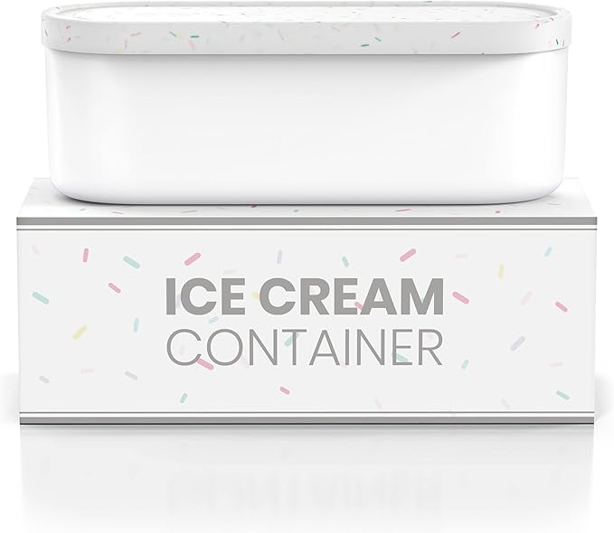 BALCI,Ice Cream Container,2 Quart,Perfect Reusable Freezer Storage for Homemade Ice Cream Tubs for Sorbet, Frozen Yogurt and Gelato!,Flexible Silicone Lids, Long Scoop, Stackable,White with Sprinkles