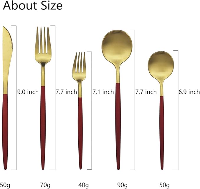 JASHII Luxury 18/10 Red Handle Flatware Gold Silverware Set 304 Stainless Steel Flatware Cutlery Set| 20-Piece Adaline Royal Modern Satin Finish| BEST Birthday Wedding Gift (Red Handle Matte Gold)