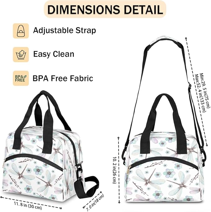 Insulated Lunch Bag for Women Men Dragonfly Leakproof Cooler Tote Bag Large Reusable Adult Lunch Box with Adjustable Shoulder Strap for Office Work Picnic Travel Beach