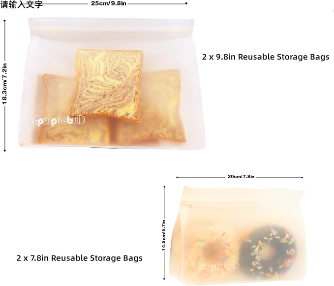 Reusable Freezer Bags, 4 Pack PEVA Material Reusable Storage Bags, Leak proof Reusable Bags Silicone, Plastic Free for Fruit, Marinate Meat, Cereal, Sandwich, Snack, Travel Items