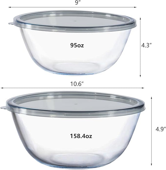 2-Pack Glass Mixing Bowls (2.85 QT, 4.76 QT) with BPA-Free Lids, Prepping and Baking Food Storage Set, Dishwasher, Microwave and Freezer Safe (2700+4500ML)