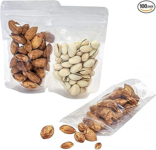 100 Pack Reusable Clear Polyethylene (PE) Stand-up Self Seal Mylar Food Storage Bags, 3.6*5.5+2.4inch, Resealable, Leak Resistant, BPA Free