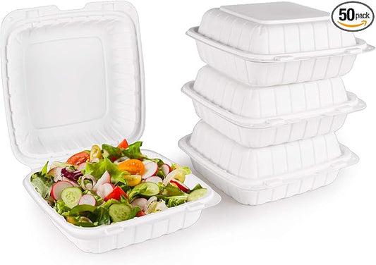 FULING [8x8-Inch, 50 Pieces Disposable To Go Box Containers, Plastic Clamshell Takeout Food Trays, Microwave Safe, Cut Resistantstable Hinged Lid, Hybrid Polypropylene, White