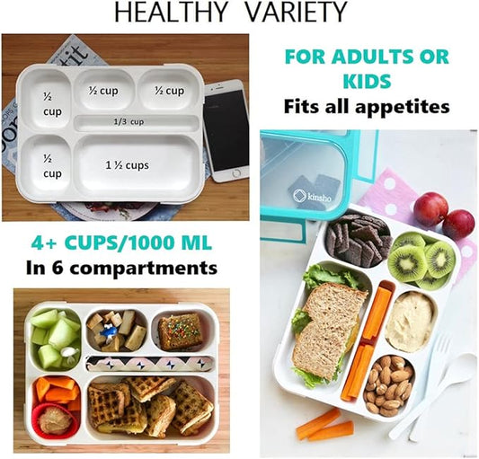 kinsho Bento Lunch Box Kids & Adult: Leakproof Lunch Containers for Boys & Girls with 6 Compartments - School, Daycare, Meal Planning Portion Control Container, BPA-Free Boxes, Utensils | Purple Teal