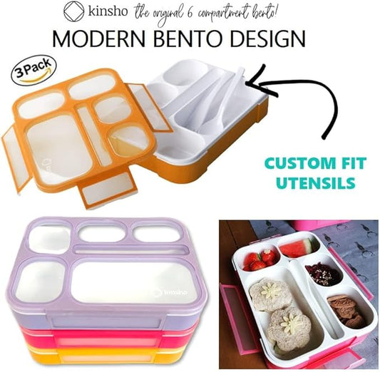 6 Compartment Lunch Boxes. Bento Box Lunchbox Snack Containers for Kids, Boys Girls Adults. School Daycare Meal Planning Portion Control Container. Leakproof BPA-Free. Set of 3, Pink Purple Orange