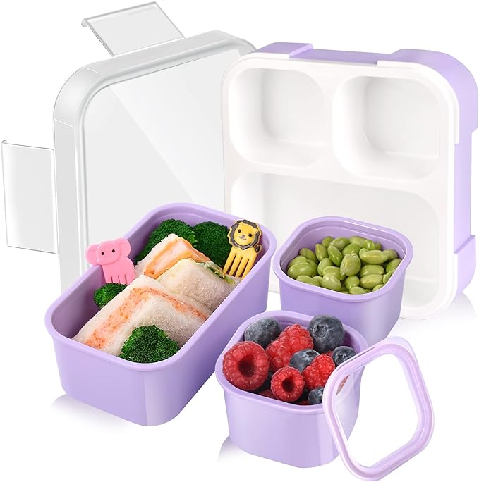 Genteen Bento Box for Kids, Kids Lunch Box with 3 Removable Compartments, Toddler Lunch Box for Daycare, School, Ideal Portion Size for Ages 3 to 7 BPA-Free Dishwasher Safe-Green - Purple