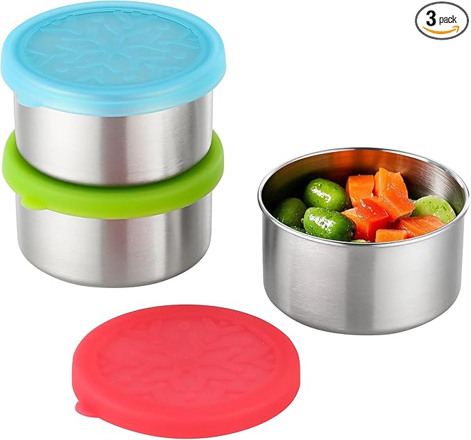 Stainless Steel Snack Containers for Kids Salad Dressing Container To Go Small Snack Box with Silicone Lids Easy Open LeakProof Reusable Metal Toddler Lunch Box for School