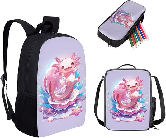 Dolyues Cute Axolotl Cute Girls' Backpack Set with Lunch Box and Pencil Case - Ideal for Teens, Kids, and College Students - Perfect for Elementary, Middle, and High School