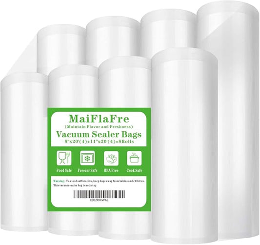 8 Pack 8"x20'(4Rolls) and 11"x20' (4Rolls) Vacuum Sealer Bags Rolls with BPA Free, Heavy Duty.Vacuum Sealer Bags Rolls Compatible with Any Types Vacuum Sealer