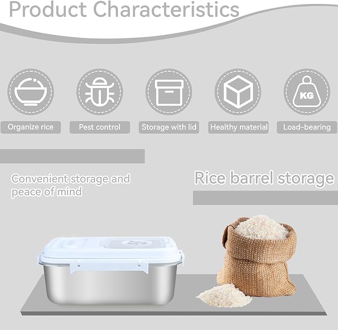 15lbs Stainless Steel Flour Storage Bin Airtight Rice Storage Container Metal Cereal Grain Dry Food Storage Boxes for Kitchen Countertop Pantry, Silver