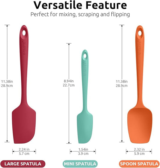 U-Taste 600ºF Heat Resistant Food Grade Silicone Spatula Set of 3, and 18/8 Stainless Steel Square Measuring Spoons Set of 8 (Color+Silver)