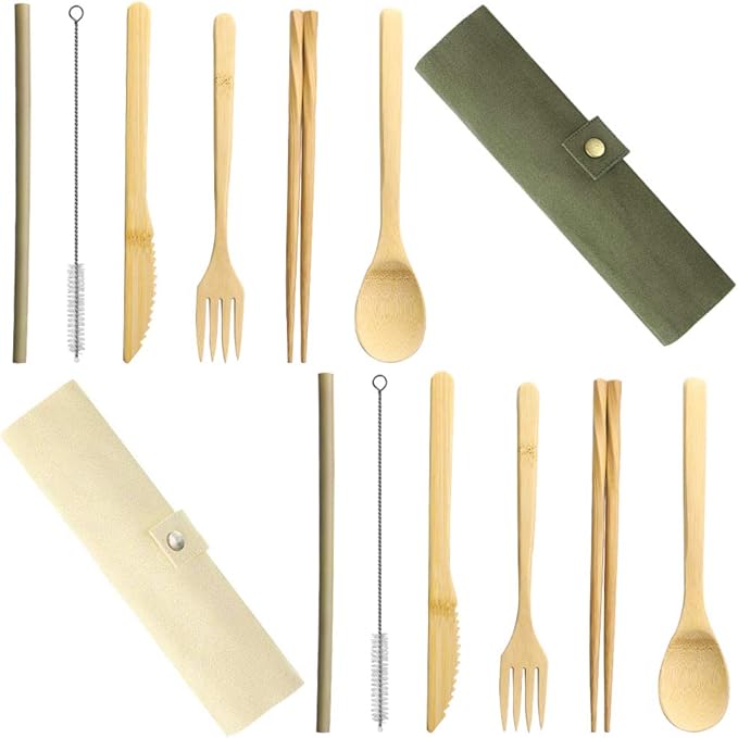 Set of 2, Bamboo Utensils Cutlery, DaKuan Reusable Cutlery Travel Set, Bamboo Spoon, Fork, Knife, Brush, Chopsticks and Straw, Eco-Friendly Portable Utensils With Case