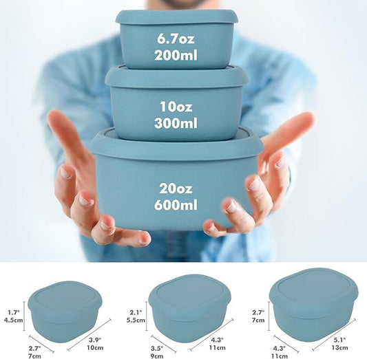 Anatole Silicone Food Storage Lunch Bento Box Set of 3 Reusable Nesting Containers with Lids BPA Free Dishwasher Microwave Oven Freezer Safe Leakproof (6.7oz, 10oz, 20oz) Blue